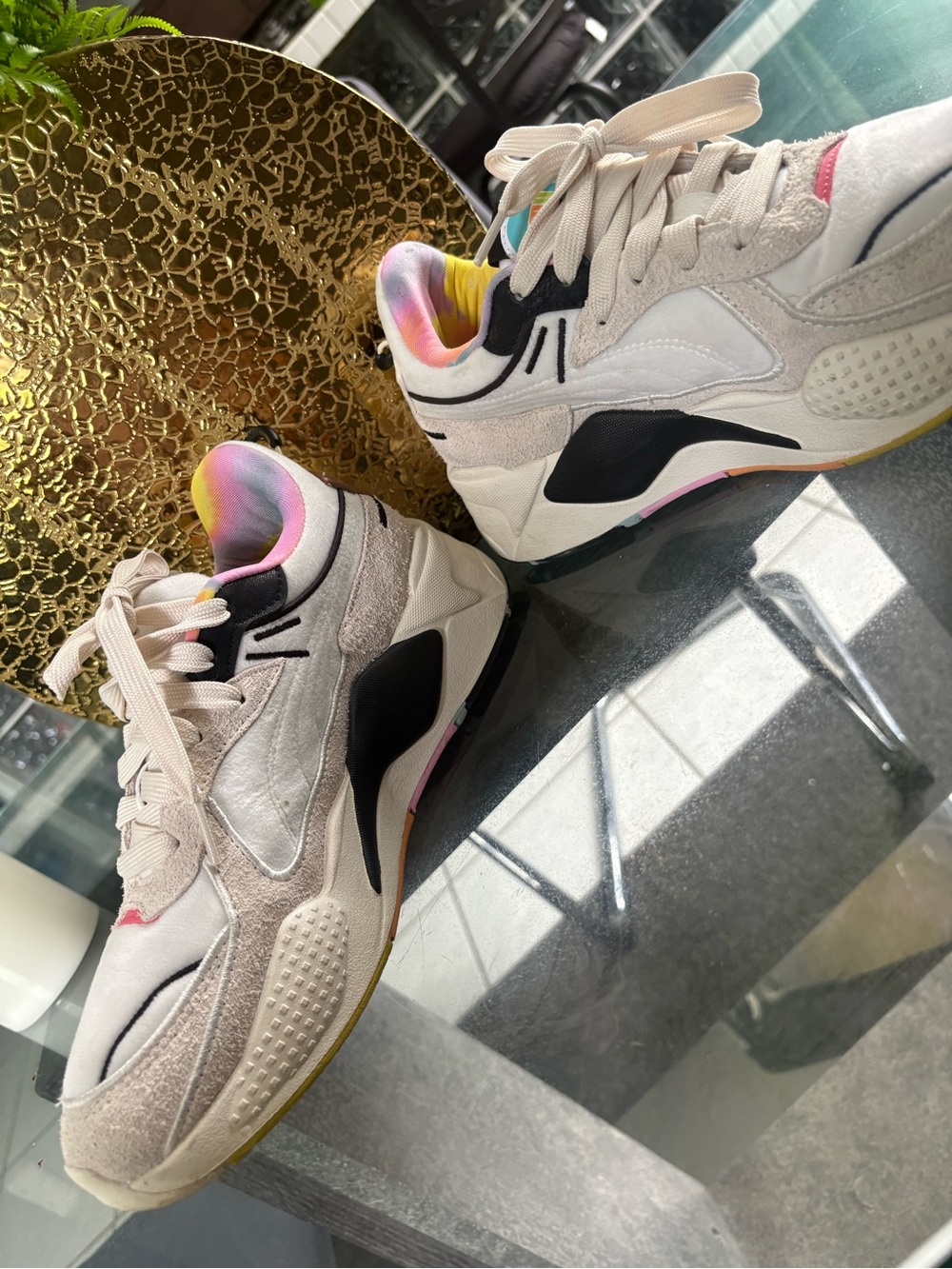 Casual Women's Suede & Mesh Sneakers in Light Beige with Rainbow Accent